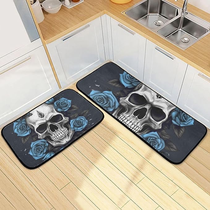 Kitchen Mat Skull Blue Roses Butterfly for Floor, 2 Piece, Non Slip Washable Kitchen Rugs for Kitchen & Home Decor, Sink, Bathroom 19.7” x 27.6” + 19.7” + 47.2” - skull floor mat