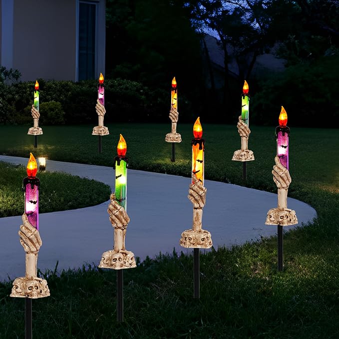 Dazzle Bright Halloween Decorations, 10 Pack Lighted Battery Operated Skeleton Hands Hold Candle with Stakes, Pathway Decor for Indoor Outdoor Party Home Garden - string light