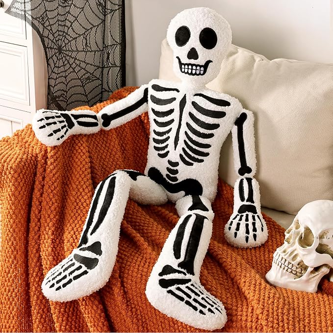 Halloween Decorations Plush Throw Pillows: Cute Teddy Fleece Skeleton Throw Pillow, Stuffed Skull Human Skeleton Cushion Halloween Decorations Indoor for Kids Home Sofa Bed Office Couch Living Room - skeleton