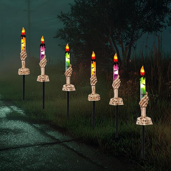 Hourleey Halloween Decorations, 10 Pack Skull Candle Lights with Stakes, Battery Operated Waterproof Pathway Decor with Timer for Indoor Outdoor Front Pathway Lawn Yard Garden - skull candle
