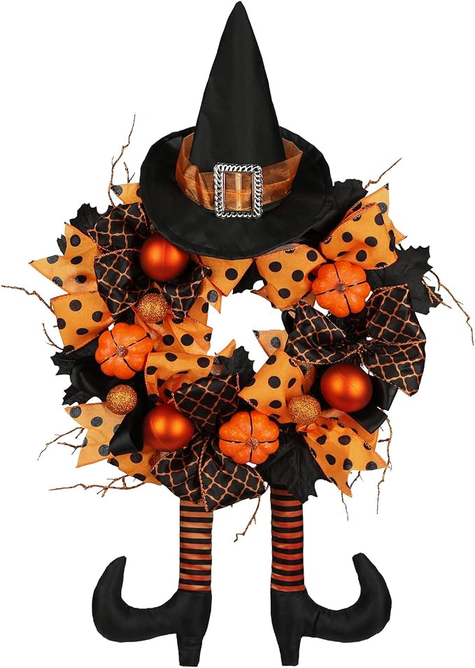 Halloween Wreath for Front Door 16" Tinsel Black Witch Wreath with Hat Legs and Orange Pumpkin for Fall Autumn Indoor Window Door Thanksgiving Halloween Decorations - skull wreath