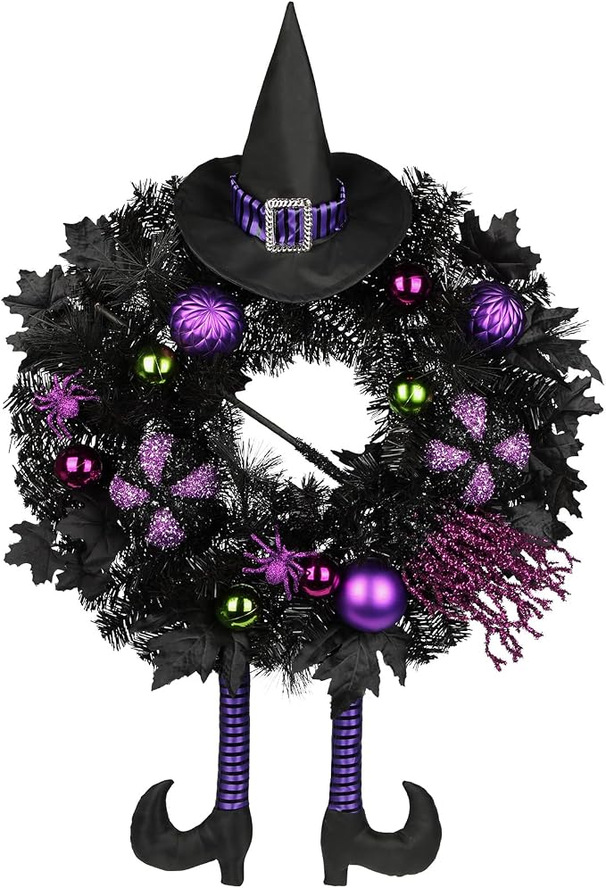 Halloween Wreath for Front Door 26″ Tinsel Black Witch Wreath with Hat Legs and Purple Pumpkin for Fall Autumn Indoor Window Door Thanksgiving Halloween Decorations