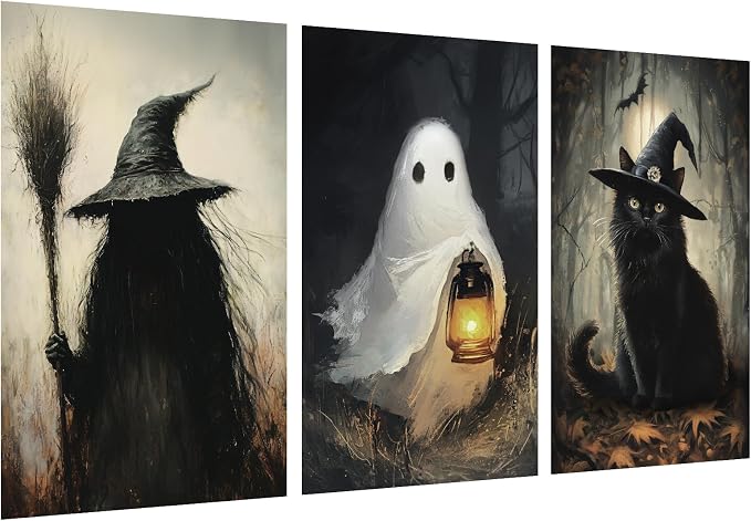 Halloween Decorations Indoor Wall Decor: 3 pcs Large Scary Witch Ghost Black Cat Canvas Poster, Classic Horror-themed Halloween Wall Art, Goth Dark Moody Paintings for Living Room Bedroom, Unframed - skull wall art