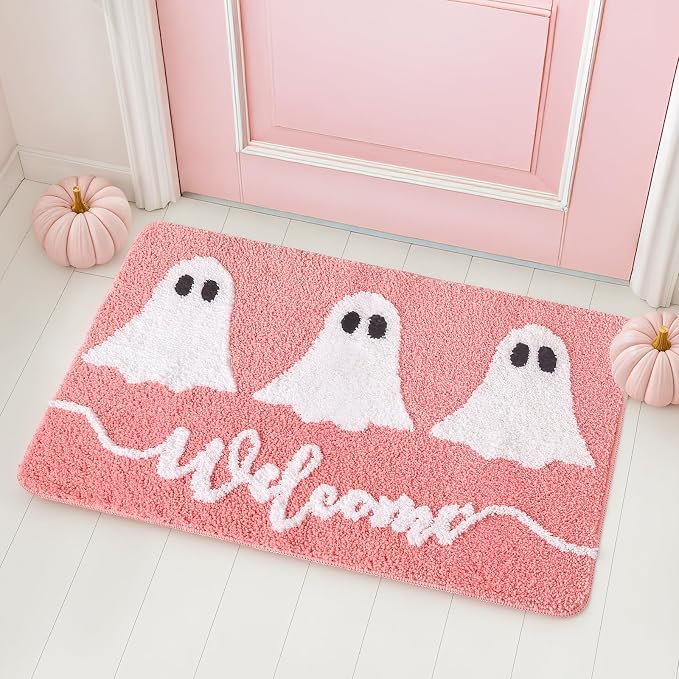 Halloween Rug: Pink Halloween Bath Mat, Spooky Ghosts Bathroom Rug, Halloween Decor Cute Spooky Halloween Room Decor for Bathroom, Bedroom, Shower, Fun Halloween Decoration