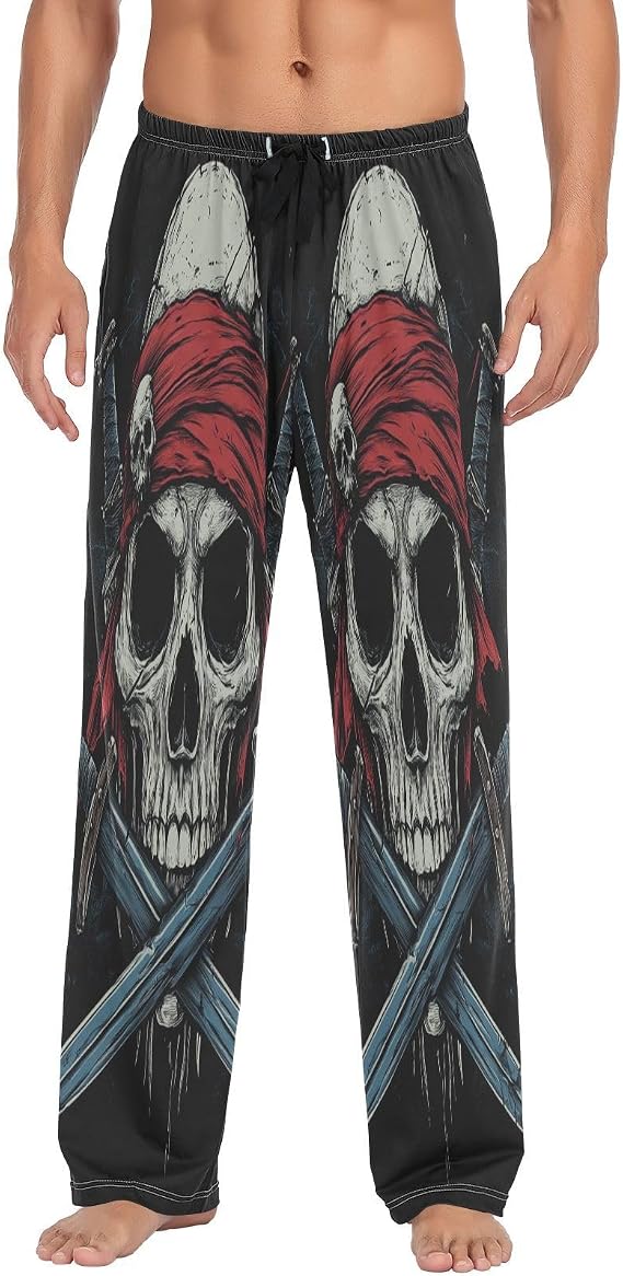 ALAZA Men's Pirate Skull Wearing A Red Bandana with Crossed Swords Sleep Pajama Pant - skull pajamas