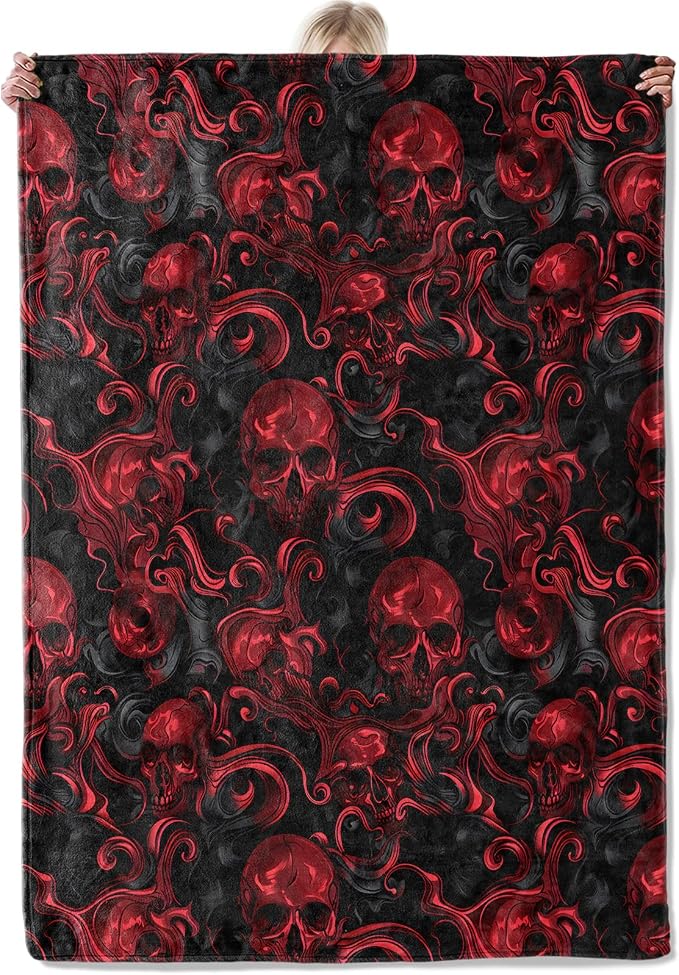 Red Skull Gothic Throw Blanket Gifts for Women, Soft Fuzzy Warm Cozy Flannel Blankets for Bedroom, Travel, Couch, Home Decor 50×60 in