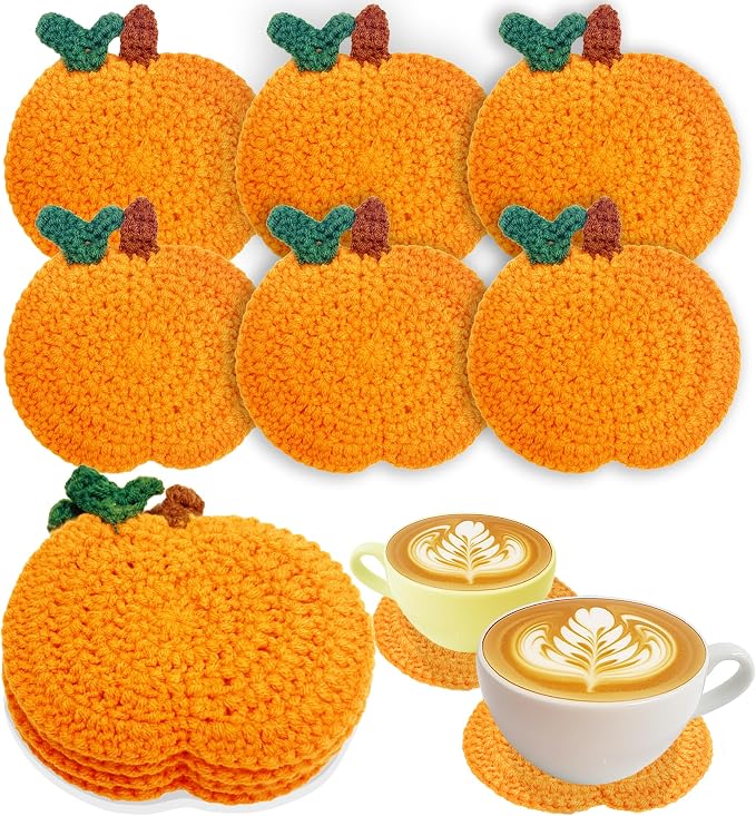 Fall Pumpkin Crochet Coaster 6 Pack, Fall Pumpkin Decor Handmade Knitted Drink Coaster Set, Autumn Decoration Drink Cup Pad Mats for Table Protection, Thanksgiving Home Kitchen Party Table Decor - skull coaster