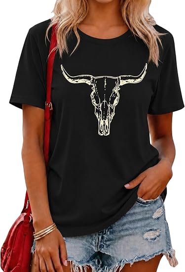 LETSEE Short Sleeve Shirts for Women Free Bird Vintage Rock Graphic Tees Casual Crewneck Tops Summer Rock Tee - skull tshirt