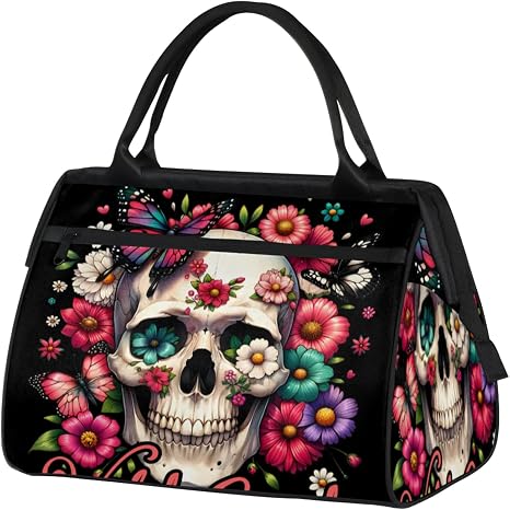 Overnight Weekender Bag for Women Men Halloween Gothic Skeleton Skull Waterproof Carry On Travel Duffel Bags with Zipper Lightweight Sports Gym Bag Luggage Workout Handle Bags for Traveling Camping - skull suitcase