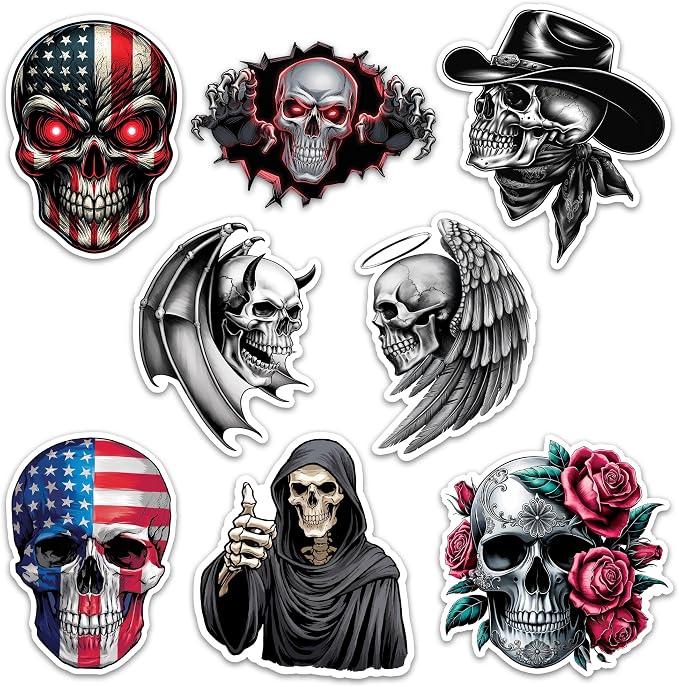 Skull Sticker 8 Pcs (Large Size) Vinyl Stickers Laptop Waterproof Decal for Car Bumper Water Bottle Notebook Luggage Window Birthday Decorations - Size 4 Inches - skull sticker