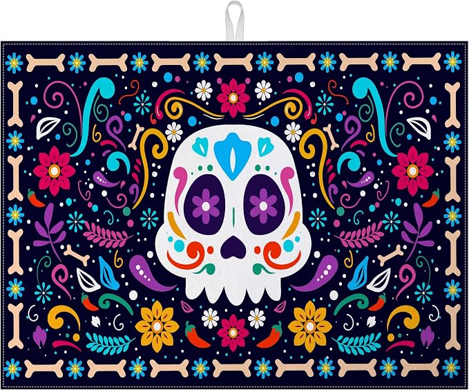 Sugar Skull Dish Drying Mat for Kitchen Counter Microfiber Absorbent Dish Day of the Dead Kitchen Drying Mat Draining Reusable Washable for Dishes/Utensils/Counterto - skull coaster
