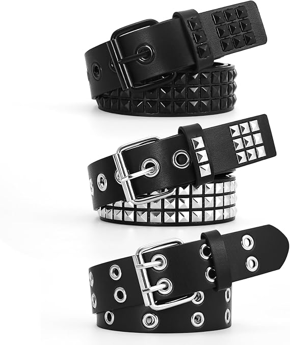 3 Pcs Studded Belt Y2K Metal Goth Punk Rock Rivet Belt with Bright Pyramid Studded for Women Men - skull wallet