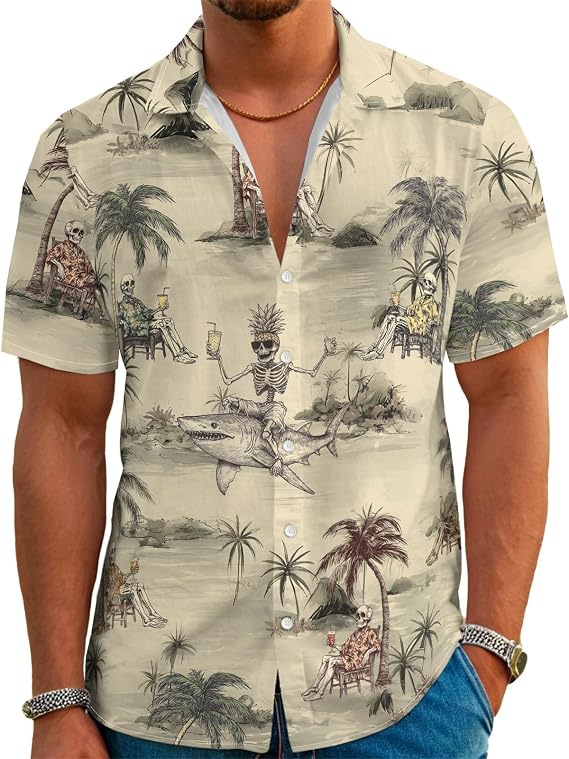 Funny Hawaiian Shirts for Men Retro Button Down Short Sleeve Summer Beach Aloha Shirts Holiday Theme Party Shirt - skull tshirt