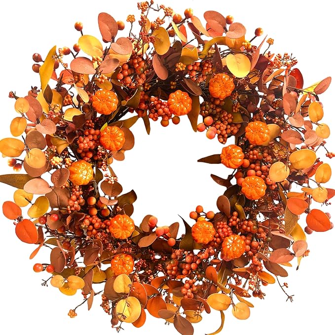 Fall Wreath 22 Inch Fall Wreaths for Front Door Autumn Pumpkin Wreaths with Orange Eucalyptus Leaves and Berries for Indoor Outdoor Thanksgiving Harvest Festival Celebrations - skull wreath