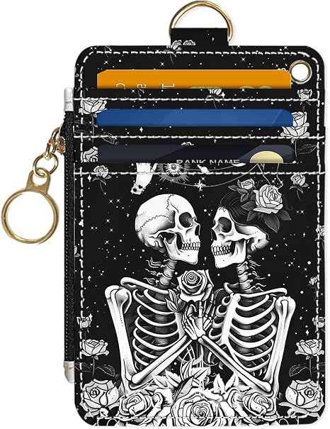 Slim Wallet Credit Card Holder, Skeletons and Flowers, RFID Wallet Women Cute Small Front Pocket Wallet With Zipper, PU Leather Thin travel RFID Blocking Card Case ID Window,Ladies Gifts