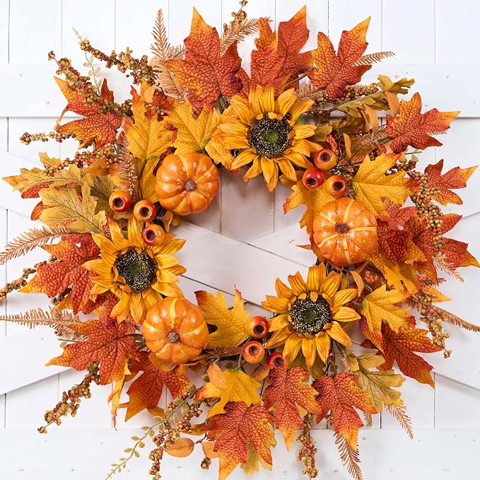 zjlmit Fall Wreaths for Front Door 24 Inch Fall Wreath with Pumpkins Sunflowers Maple Leaves and Orange Red Berries Autumn Wreath for Farmhouse Porch Thanksgiving and Harvest Festival Parties - skull wreath