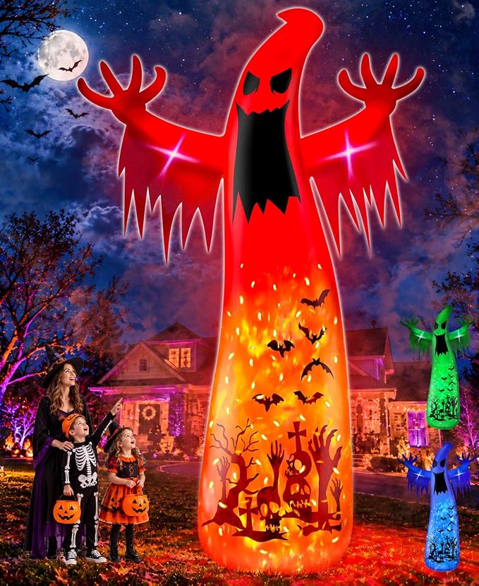 14 FT Giant Halloween Inflatable Ghost Decorations Outdoor with Animated LED Light, 3 Colored Changing Rotating Flame Lights, Scary Ghosts Blow Up Halloween Decor for Garden Yard Lawn Holiday Party - skull inflatable