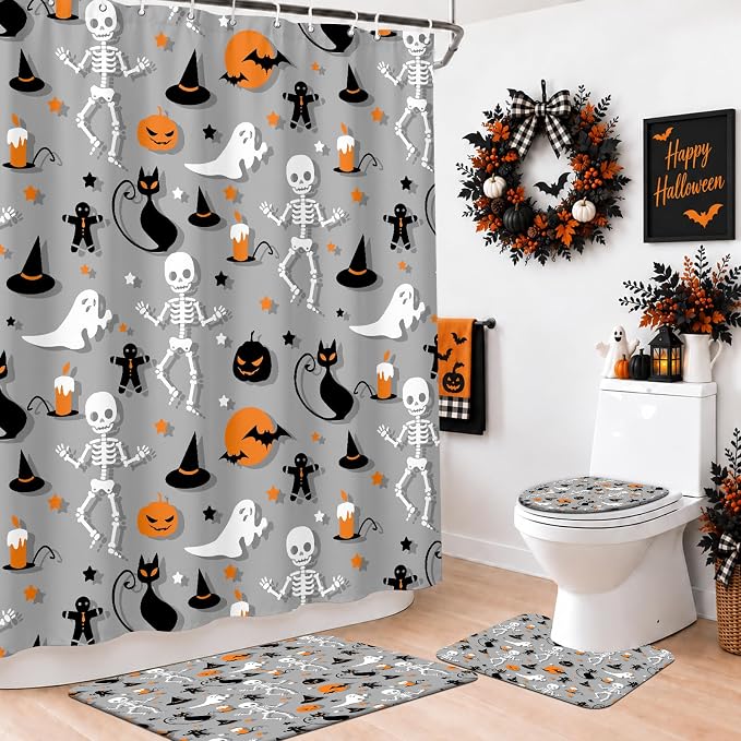 MEHOFOND 4pcs Halloween Shower Curtain Set, Skeleton Bathroom Mat Sets - skull toilet mat