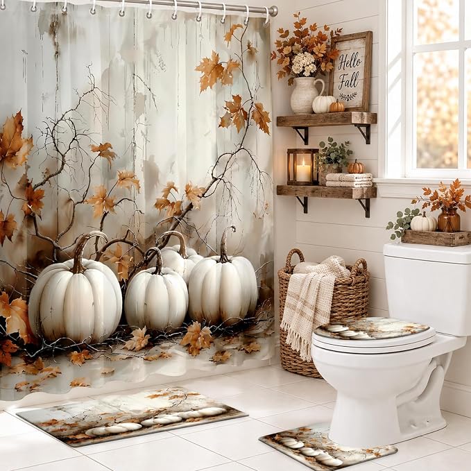 MEHOFOND 4pcs Fall Shower Curtain Set, Harvest Pumpkin Vintage Decor - skull toilet mat