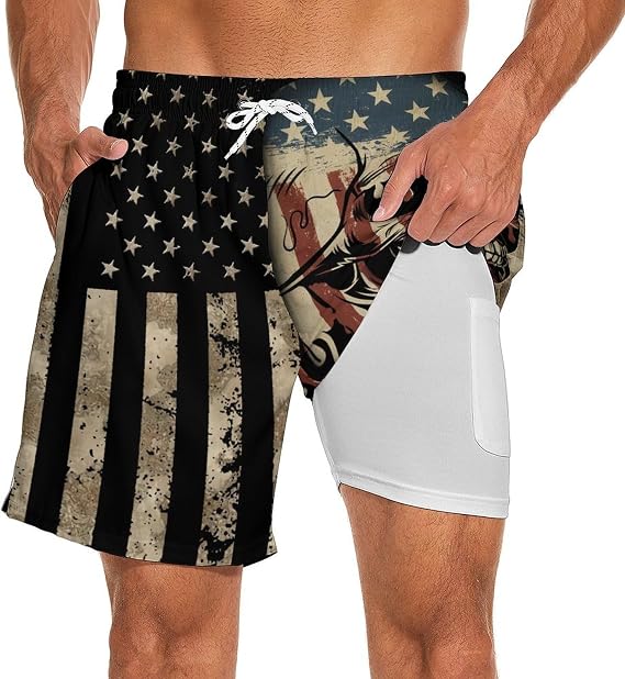Mens Swim Trunks with Compression Liner 7 Inch Board Shorts Men Bathing Suit 2 in 1 Quick Dry Beach Swimsuits - skull swimsuit