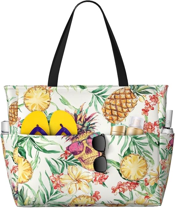 Large Beach Bag for Women Waterproof Foldable Travel Shoulder Tote Bag with Pocket for Weekender Pool Vacation - skull suitcase