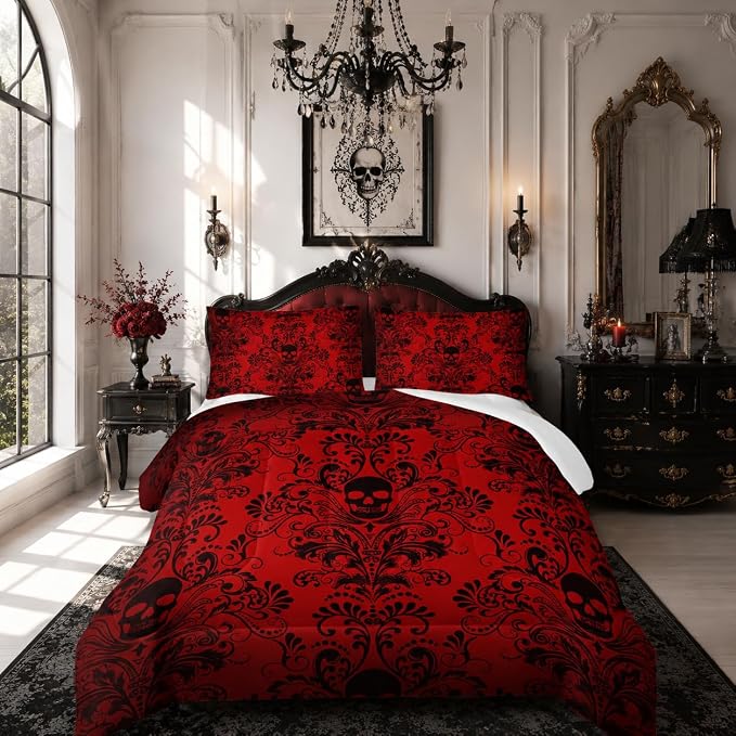 Nttopship Adults Red Gothic Comforter Set Full Size,Vintage Damask Floral Bedding Set 3Pcs,Bohemia Bedding Set Goth Skull Printed Quilted Set for Teens Adult with 1 Comforter and 2 Pillowcase - skull bedding