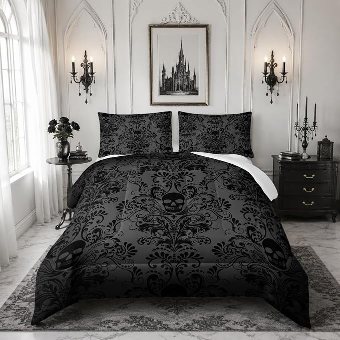 Nttopship Adults Black Gothic Comforter Set Full Size,Vintage Damask Floral Bedding Set 3Pcs,Bohemia Bedding Set Goth Skull Printed Quilted Set for Teens Adult with 1 Comforter and 2 Pillowcase