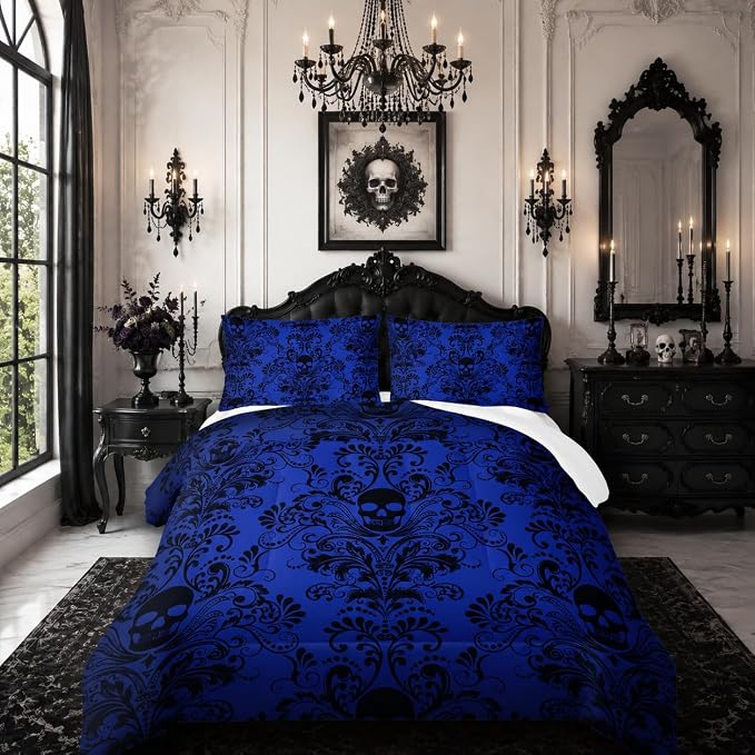 Adults Blue Gothic Comforter Set Queen Size,Vintage Damask Floral Bedding Set 3Pcs,Bohemia Bedding Set Goth Skull Printed Quilted Set for Teens Adult with 1 Comforter and 2 Pillowcase - skull lamp