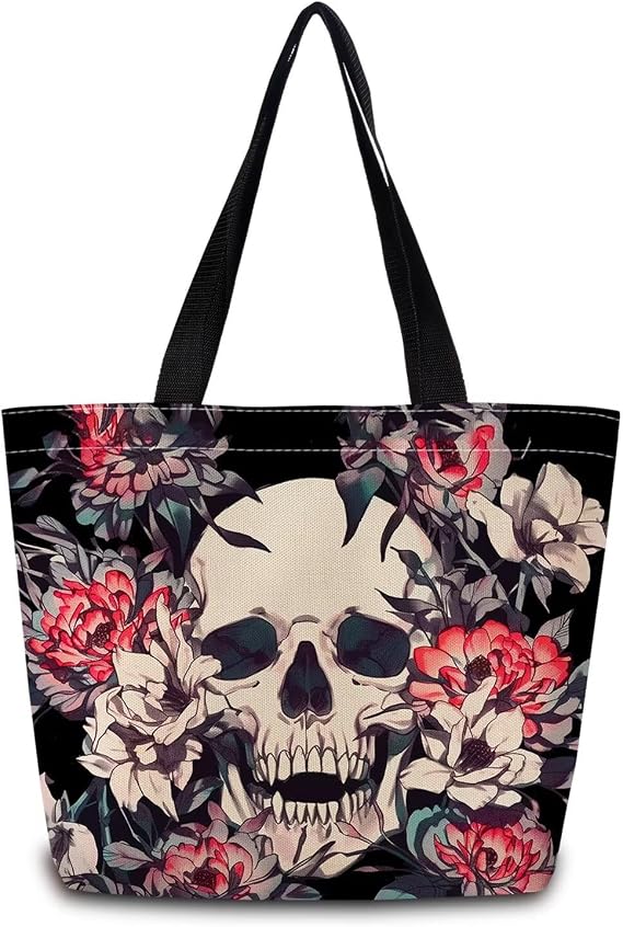 Floral Skull Reusable Grocery Tote Bag -3 - sugar skull handbags for sale