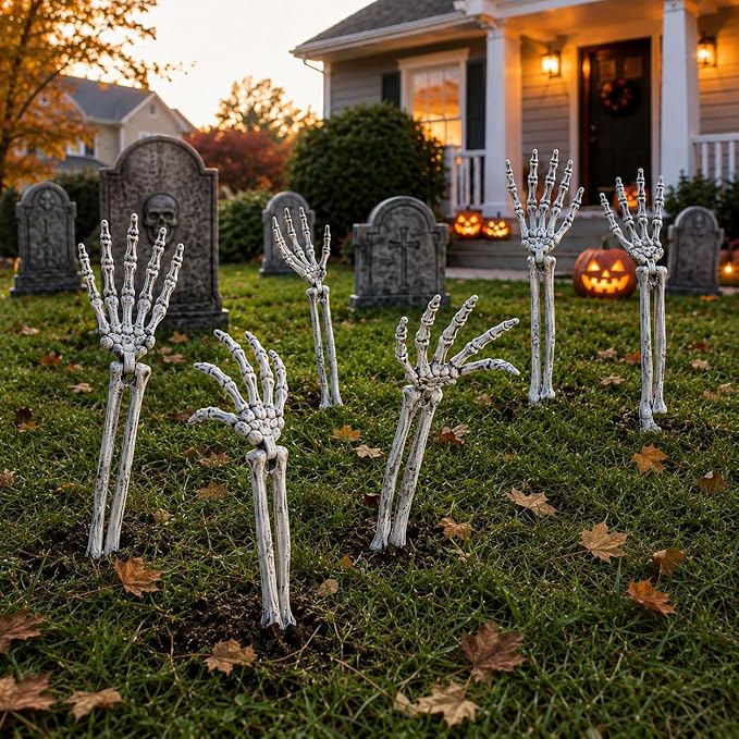 AOGU 6PC Realistic Skeleton Arm Stakes for Halloween Decorations Outdoor for Yard Lawn Garden Groundbreaker Skull Hands Decor - skeleton