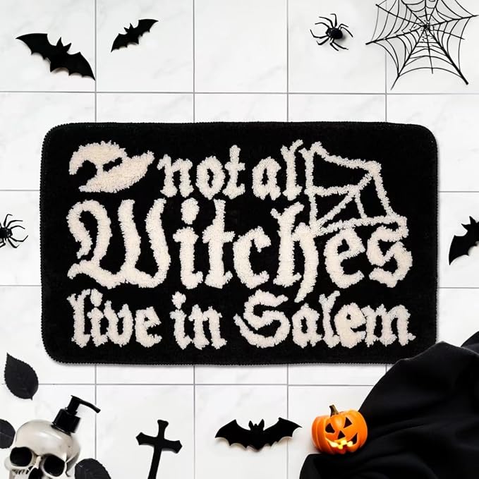 Halloween Rug Not All Witches Live in Salem Bathroom Rug Gothic Spider Web Decorative Bath Mat Spooky Bathroom Mat Floor Doormats Rugs 17 x 27 Inch for Tub Home Living Room - skull toilet mat