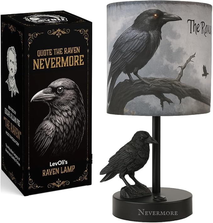 Raven and Crow Table Lamp - Valentines Goth Themed Gifts Lamp – Gothic Desk Lamp with LED Bulb – Nevermore Inspired Edgar Allan Poe Gift for Library or Bedroom - Dark Academia, Witchy, Viking Decor - skull lamp