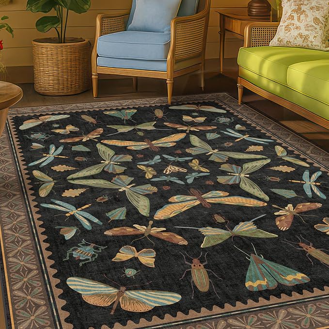 Washable 5×7 Black Rug for Living Room – Foyer Rugs for Entryway, Bedroom, Home Office, Gothic Witchy Insect Bug Floral Retro Indoor Décor