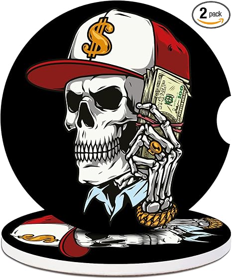 Skull Cup Holder Car Coasters, Absorbent Ceramic Car Coasters for Cup Holders, Car Accessories for Women Men (2 Pack) - skull coaster