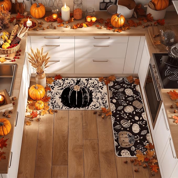 Artoid Mode Black Pumpkin Fall Kitchen Mats Set of 2-17x29+17x47 - skull floor mat