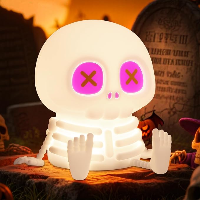 Ammonite Halloween Skeleton Night Light – 8-Color RGB & 2-Level Dimming Silicone Skull Lamp, Touch Control Decor with Spooky Glow Effect, Halloween Party, Kids Bedroom, Gift for Christmas Birthday - skull candle