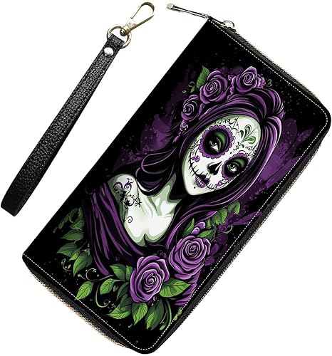 Womens Wallet,RFID Blocking Large Capacity Clutch,Zip Around Leather Purse with 8 Card Slots,Bill Compartments Coin Pocket - Day of the Dead Sugar Skull Women - sugar skull handbags for sale