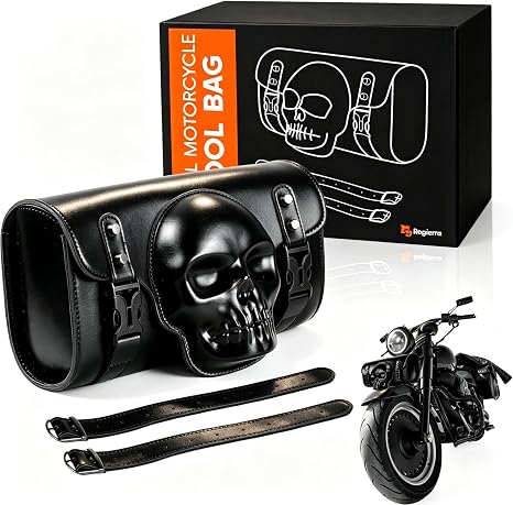 Rogierra 7.2L Motorcycle Tool Bag，Universal PU Leather Motorcycle Fork Bag Waterproof Handlebar Bag For Harley Suzuki Kawasaki，Black 3D Skull Bag - skull suitcase