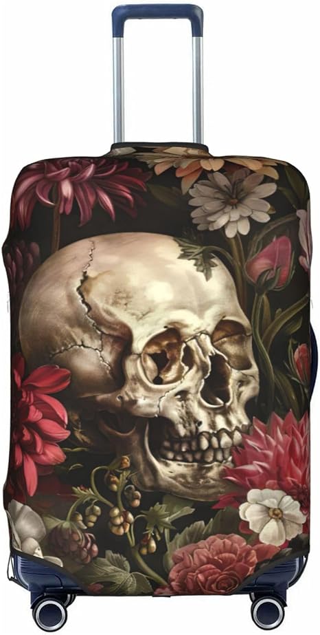 Floral Skull Print Suitcase Coverâ€“travel Luggage Cover With Elasticity For Suitcases (S/M/L/Xl Sizes) - skull suitcase