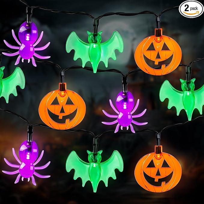 RECESKY 2Pack 20 LED Pumpkin Bat Spider String Lights with Timer – Total 13Ft Orange Purple Green Battery Halloween String Light – Creepy Decor for Indoor Outside House Bedroom Holiday Decorations