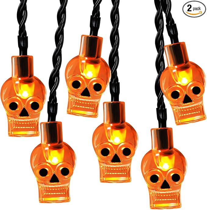 RECESKY 2Pack 20 LED Orange Skull String Lights with Timer – Total 13Ft Battery Powered Halloween String Light – Spooky Lighting for Outside Home Bedroom Dorm Classroom Halloween Decorations