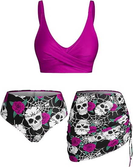 Rosegal Plus Size Women 3 Piece Tankini Swimsuit Gothic Skull Rose Spider Web Print Twist Bathing Suit - skull swimsuit