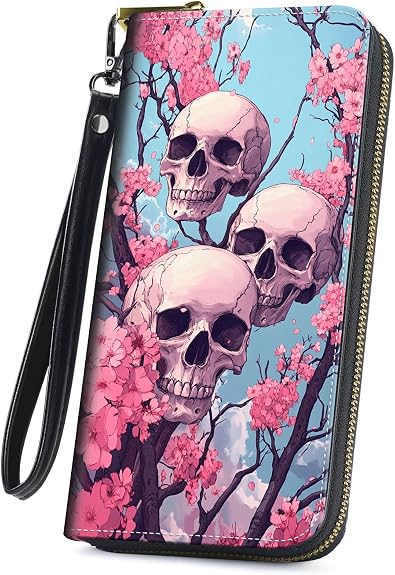 Cute Wallets for Women Girls, Large Capacity PU Leather RFID Blocking Clutch Purse with Wristlet - skull wallet