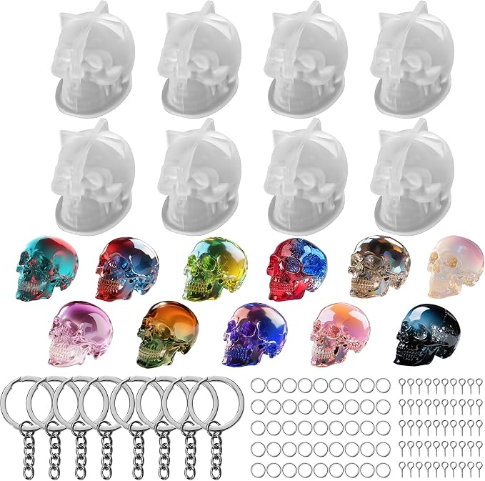 Resin Skull Molds, 8 PCS Flexible Clear Silicone Molds with Key Ring Accessory, 3D Skull Head Molds for Candle Making, Home Decor & Halloween Decoration - skull coaster