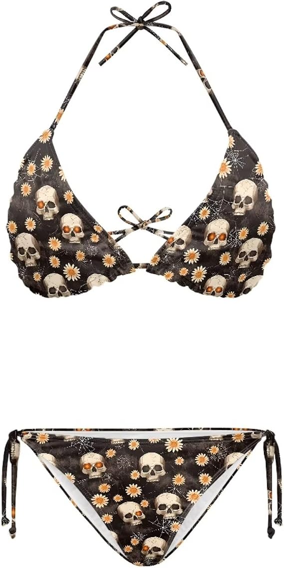 Yewattles Women Two Piece Bikini Set Printed Sexy Swimwear Halter String Triangle Swimsuits Soft Bathing Suits XS-2XL - skull swimsuit