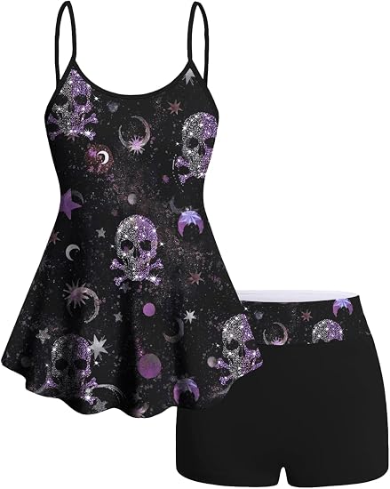 ROSE GAL Women Plus Size Gothic Tummy Control Modest Tankini Swimsuit Skulls Print Two Piece Bathing Suits - skull swimsuit