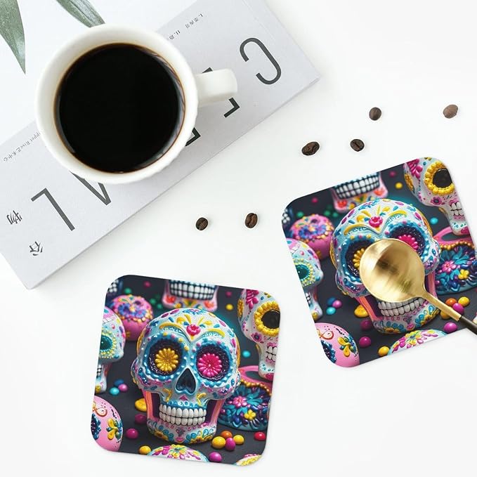 Sugar Skulls Coasters Set of 6 Leather Coasters for Drinks Heat Resistant Coffee Cup Mat with Holder Tabletop Protection Cup Mat Pad for Home Decor Kitchen 4 Inch - skull coaster