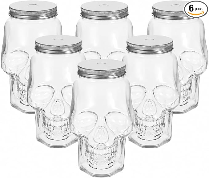 Cabilock 6Pcs Transparent Skull Beverage Bottles Halloween Themed Refillable Juice Containers with Lids Multi Function Drinking Bottles for Parties and Events