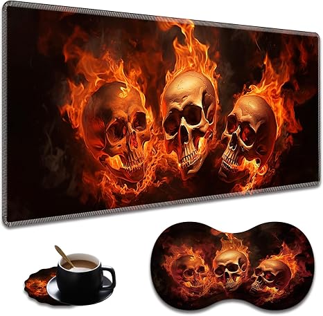 Extended Non-Slip Mouse Pad + Mouse Wrist Rest + Lace-Shaped Coaster Set, Ergonomic Design, Suitable for Desk and Home Gaming Table Mat, Fire Skulls - skull coaster