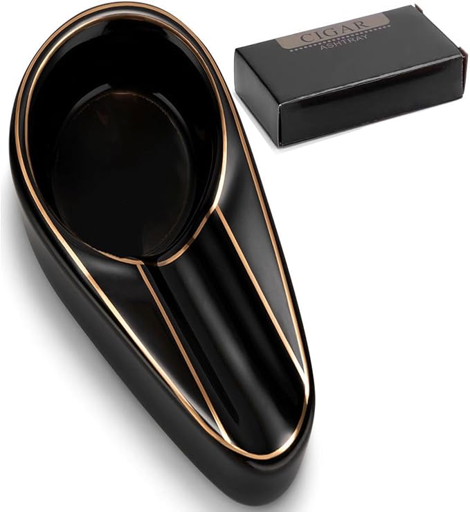 Cigar Ashtray Patio Single Ceramic Outdoor Ash Tray Cigars Portable Travel Porcelain Cigar Ashtrays Suitable for Gift Living Room Office Decoratio (Black with gold trim, M) - skull ashtray